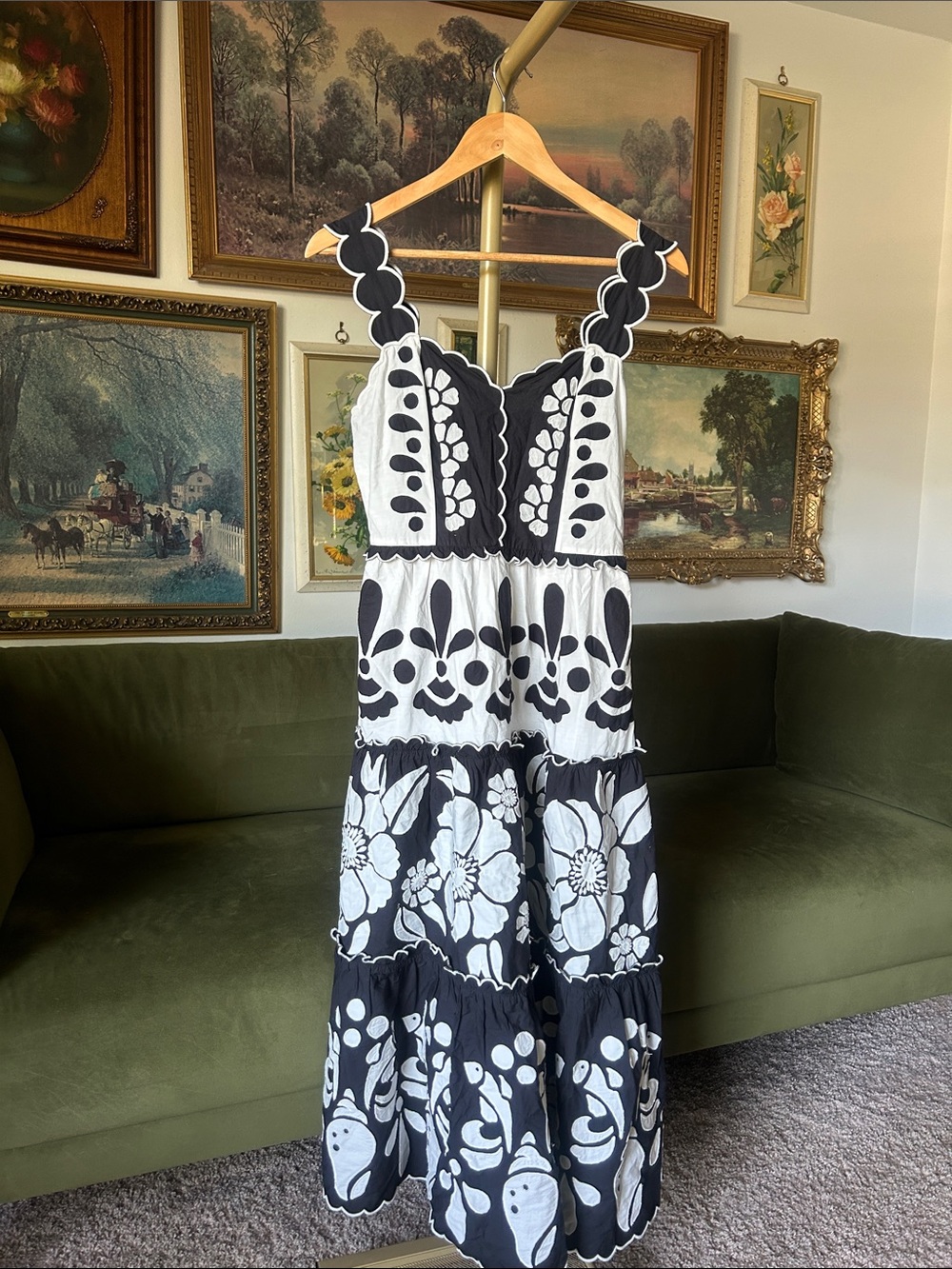 FARM Rio Black and White Summer Cutwork Organic Cotton Midi Dress